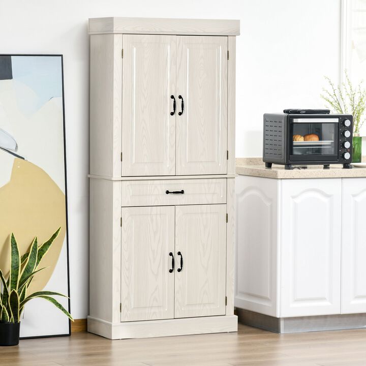White Kitchen Pantry: 71" Tall Cabinet with 4 Doors and Drawer