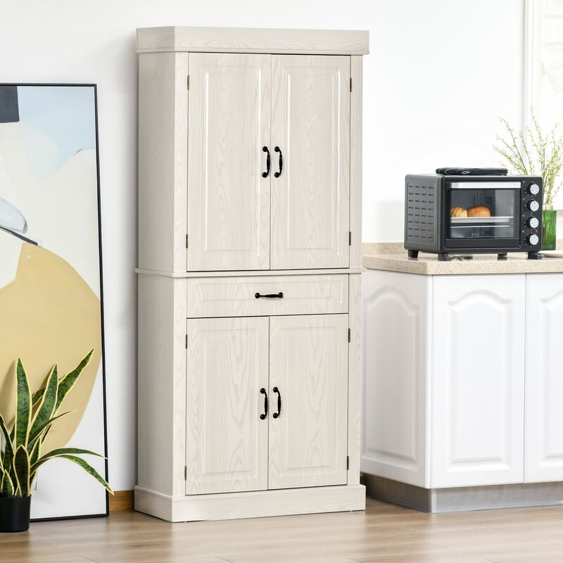 White Kitchen Pantry: 71" Tall Cabinet with 4 Doors and Drawer