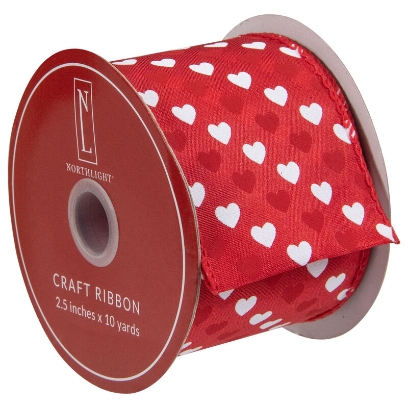 Red and White Diagonal Hearts Valentine's Day Wired Craft Ribbon 2.5" x 10 Yards