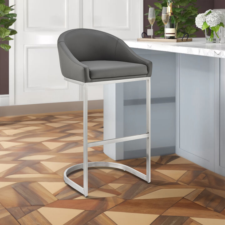 Lina 28 Inch Bar Stool Chair, Metal Cantilever Base, Gray Faux Leather-Benzara
