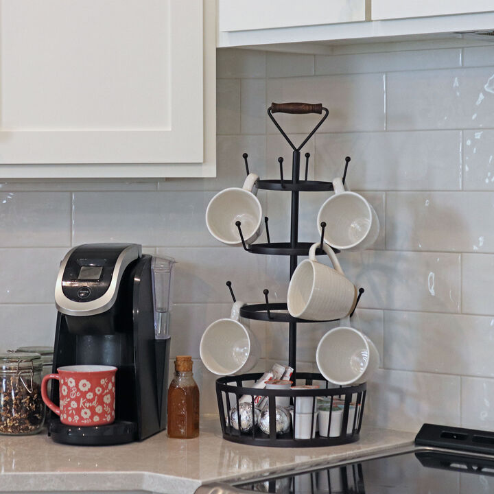 Sunnydaze Round 4-Tier Iron Coffee Mug Tree Holder with Hooks - Brown
