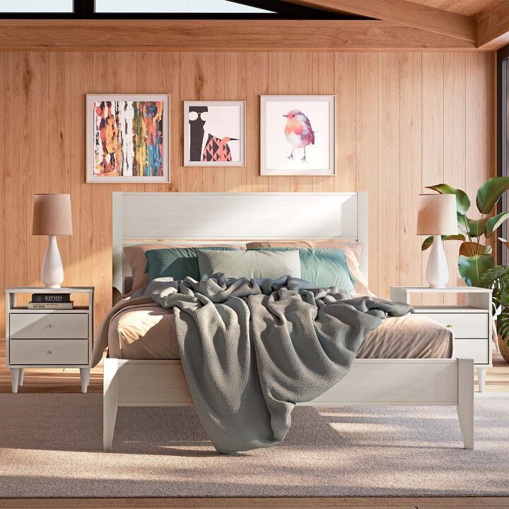 Hivvago Queen Size Rustic White Mid Century Slatted Platform Bed