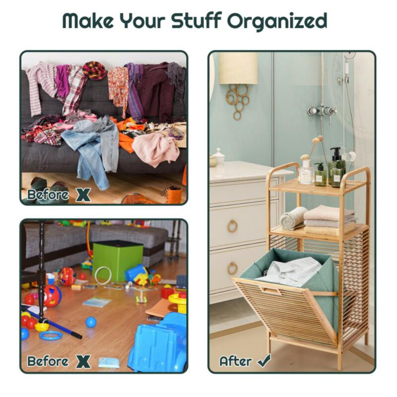 Hivvago Tilt-out Bamboo Laundry Hamper  with 2-Tier Shelf and Removable Liner