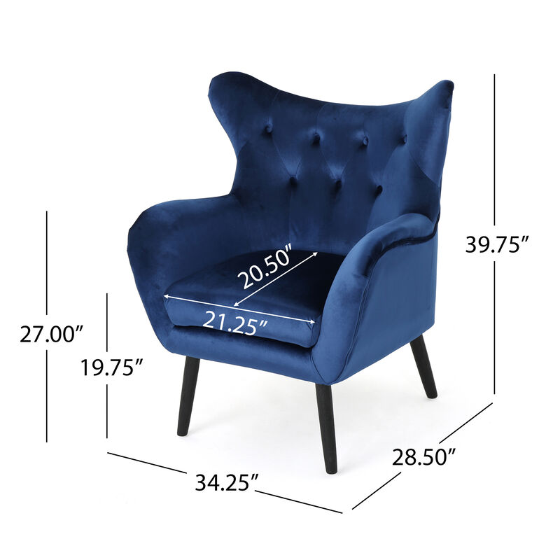 Siyan Accent Armchair, Navy Blue Velvet, Tufted Wingback, Black Wood Legs - Benzara