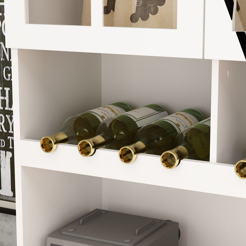 White Wooden Sideboard, Food Pantry, Storage Cabinet with 3 Drawers, 13 Shelves and Wine Rack