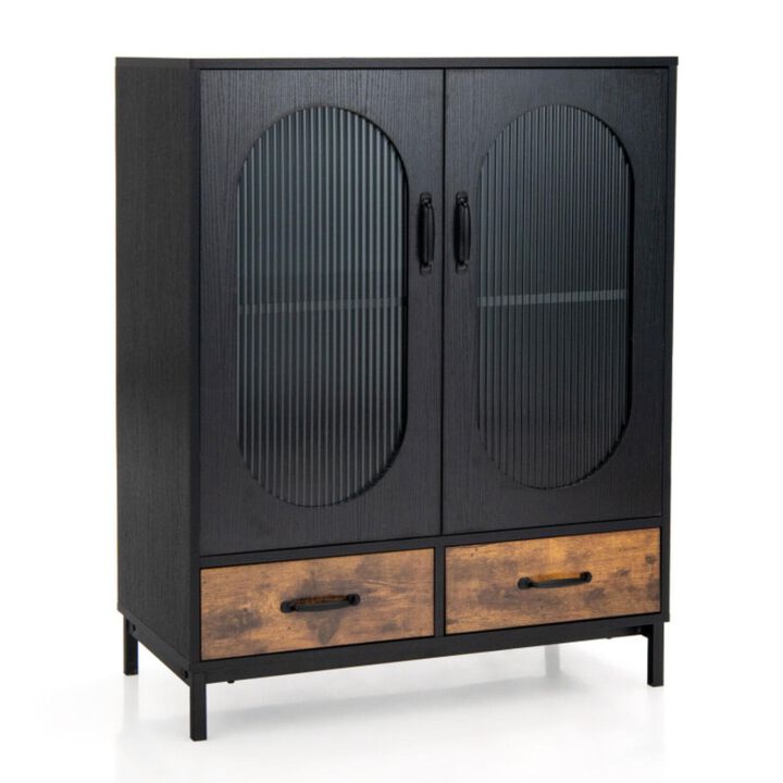 Hivvago Kitchen Industrial Buffet Sideboard with Tempered Glass Doors-Black