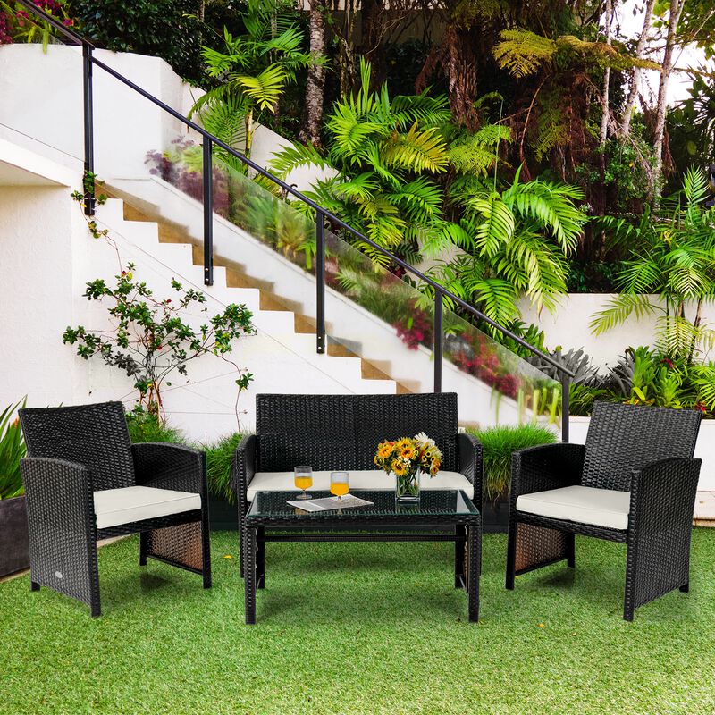 4Pcs Patio Rattan Cushioned Furniture Set
