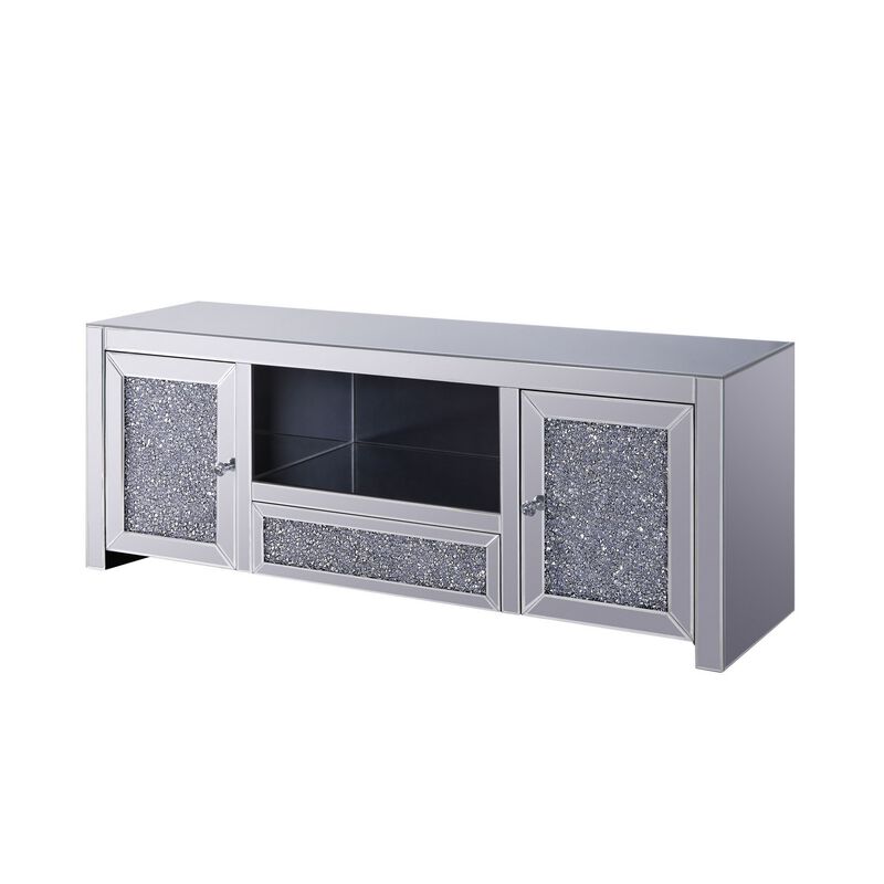 Noe 59 Inch Wood TV Entertainment Media Console, Faux Diamond Inlay, Silver-Benzara