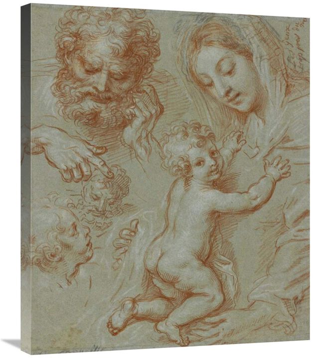Studies of the Madonna and Child and of Heads (recto); Madonna and Child with Saint John Seated in a Landscape (verso)-Canvas Art-24.9x30