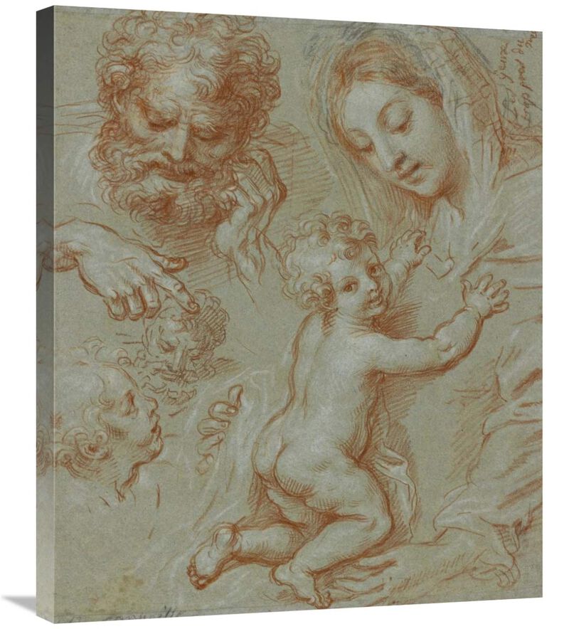 Studies of the Madonna and Child and of Heads (recto); Madonna and Child with Saint John Seated in a Landscape (verso)-Canvas Art-24.9x30