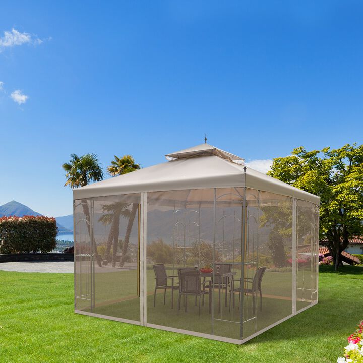 Brown Outdoor Haven: 10x10 Steel Patio Gazebo with Mesh Curtains