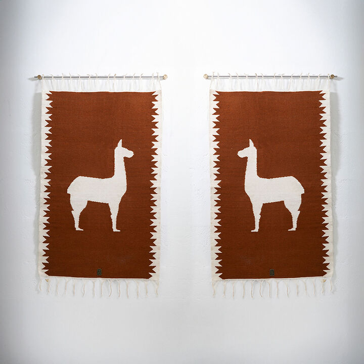 LLAMAS Sheep Wool Handwoven Tapestries, Aged Bronze Wall Mount, Terracota, Set of 2