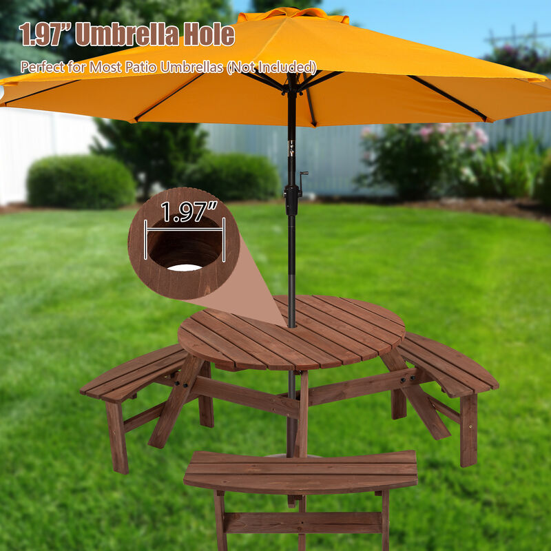 6-Person Outdoor Circular Picnic Table Patio Dining Set with 3 Built-in Benches for Backyard & Garden