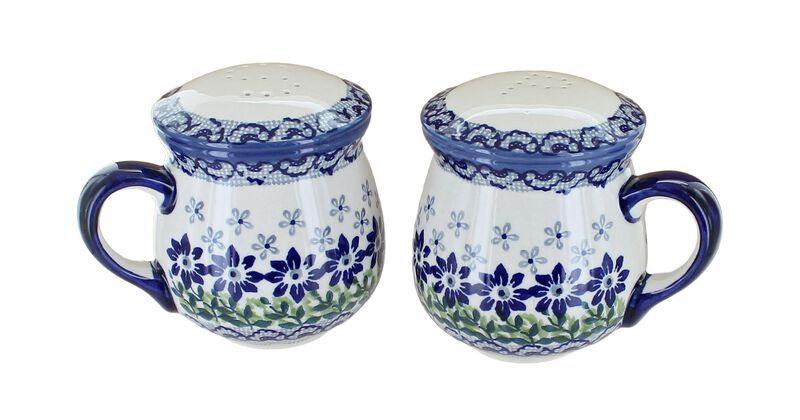 Blue Rose Polish Pottery Salt & Pepper Shakers with Handles