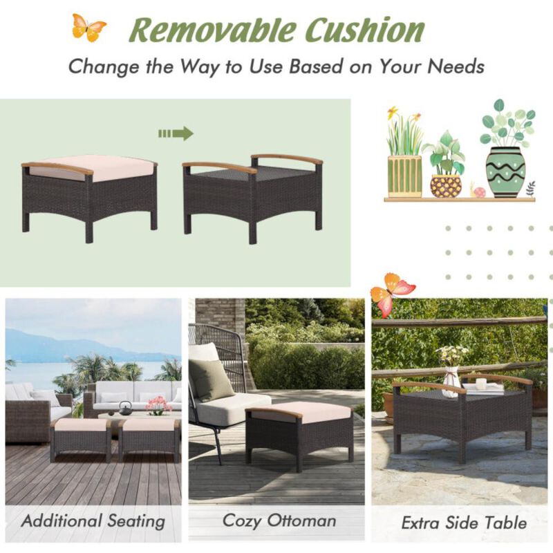 Hivvago Set of 2 Wicker Patio Ottoman Fade-Resistant Foot Rest with Cushion