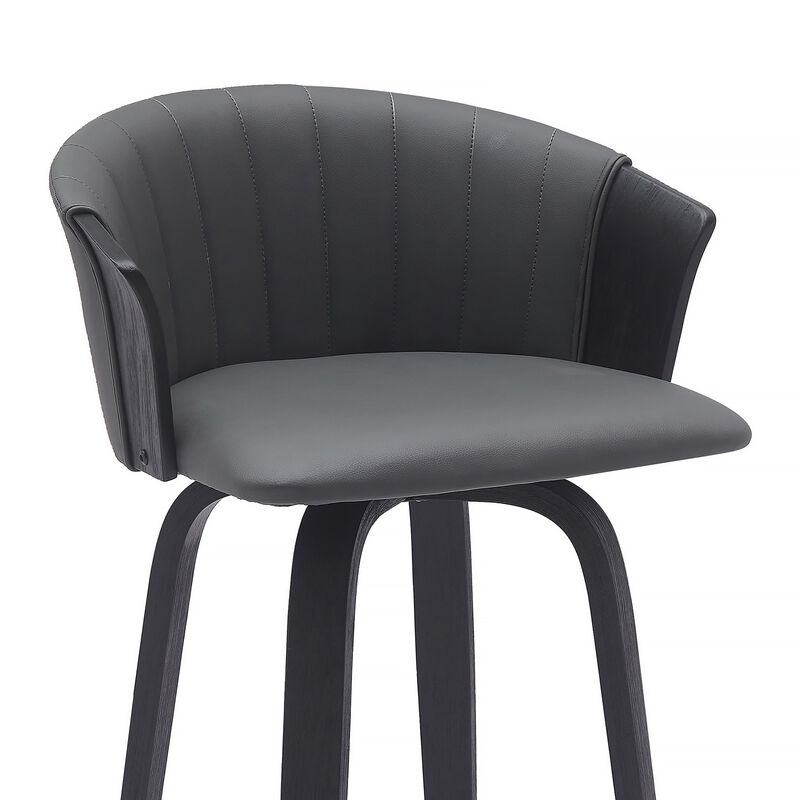 Oja 30 Inch Swivel Barstool Chair, Faux Leather, Curved Back, Black Wood - Benzara