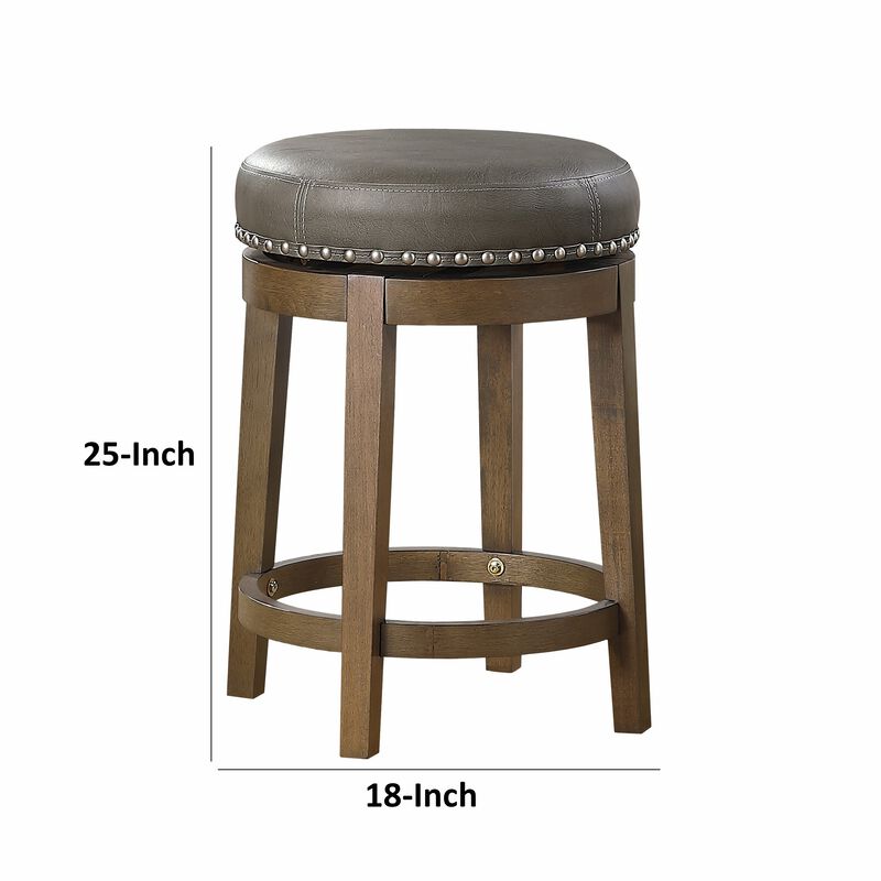Bara 25 Inch Swivel Counter Stool Gray Round Faux Leather, Brown, Set of 2 - Benzara