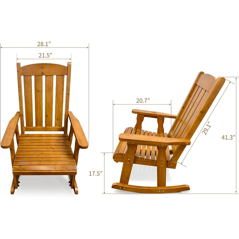 Wooden Rocking Chair with Comfortable Backrest Inclination, High Backrest and Deep Contoured Seat, Solid Fir Wood, Heavy Duty 600 LBS, for Both Outdoor and Indoor, Backyard, Porch and Patio
