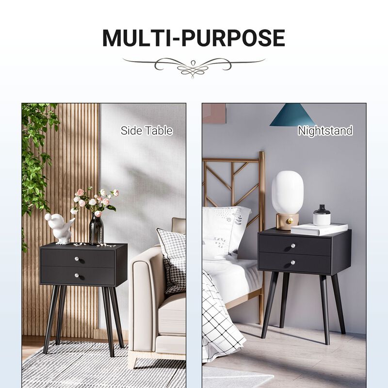 Black Bedroom Accent: Mid Century Side Table with 2 Drawers