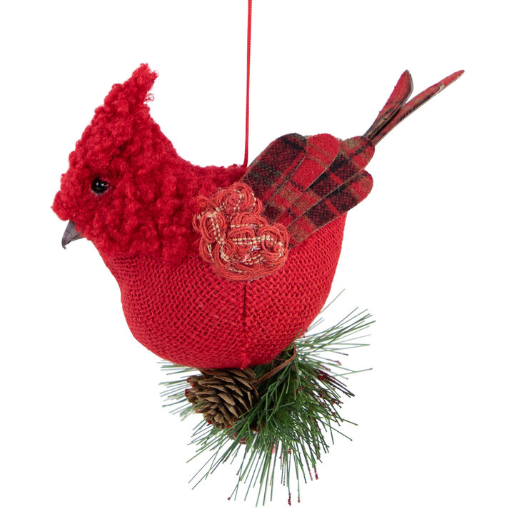 5.25" Red Burlap Cardinal with Pine Needles and Berries Christmas Ornament