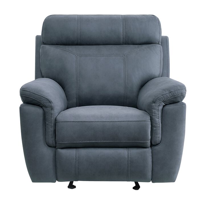 Clif 38 Inch Manual Glider Reclining Accent Chair, Blue Microfiber, Wood - Benzara