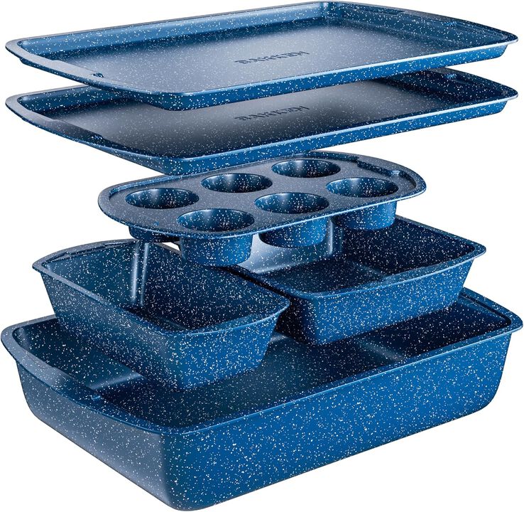 BAKKEN Kitchen Baking Pan Set - Nonstick Blue Marble Coating, Commercial Grade Carbon Steel Bakeware Sets, Baking Kitchen Essentials, PFOA, PFOS, PTFE Free, Oven Safe Tray (Up to 450° F), Set of 6
