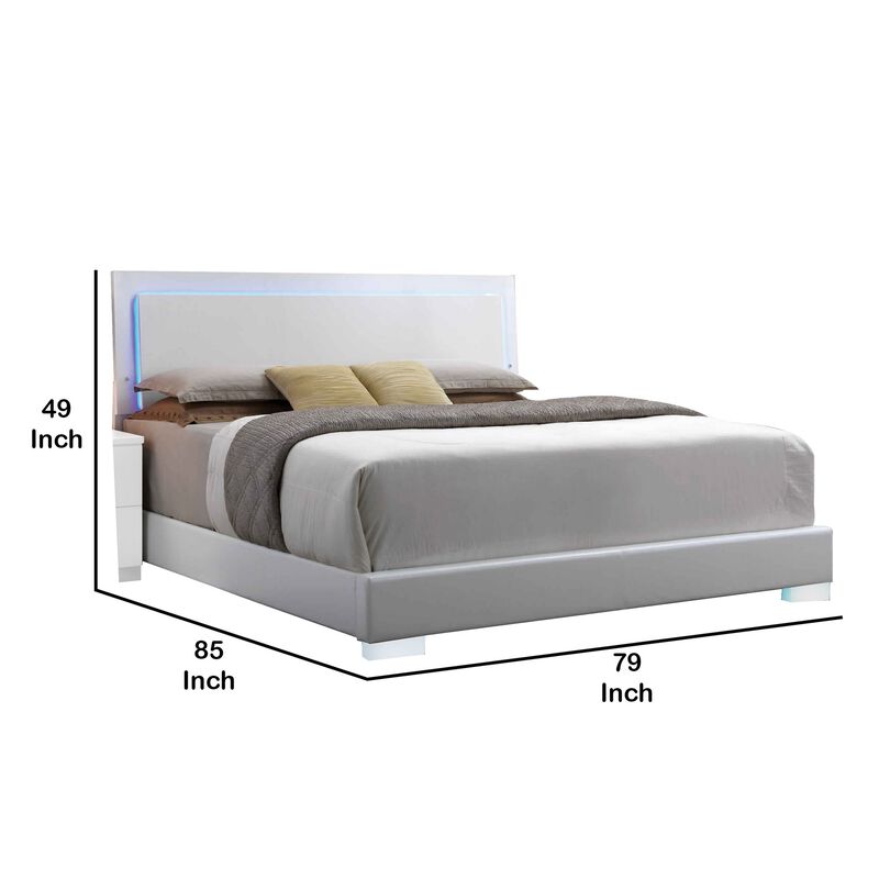 Leatherette Eastern King Bed with LED Panel Headboard and Chrome Legs,White-Benzara