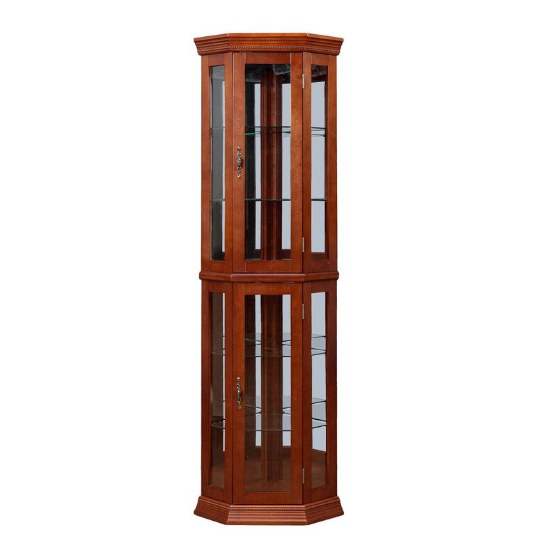 Walnut Corner Curio Cabinet with Lights & Adjustable Shelves