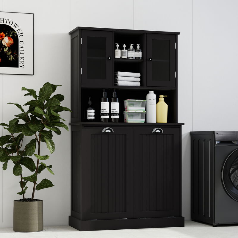 32.68 in. W. x 14.57 in. D x 59.69 in. H Black Freestanding Tilt-Out Linen Cabinet with Adjustable Shelves