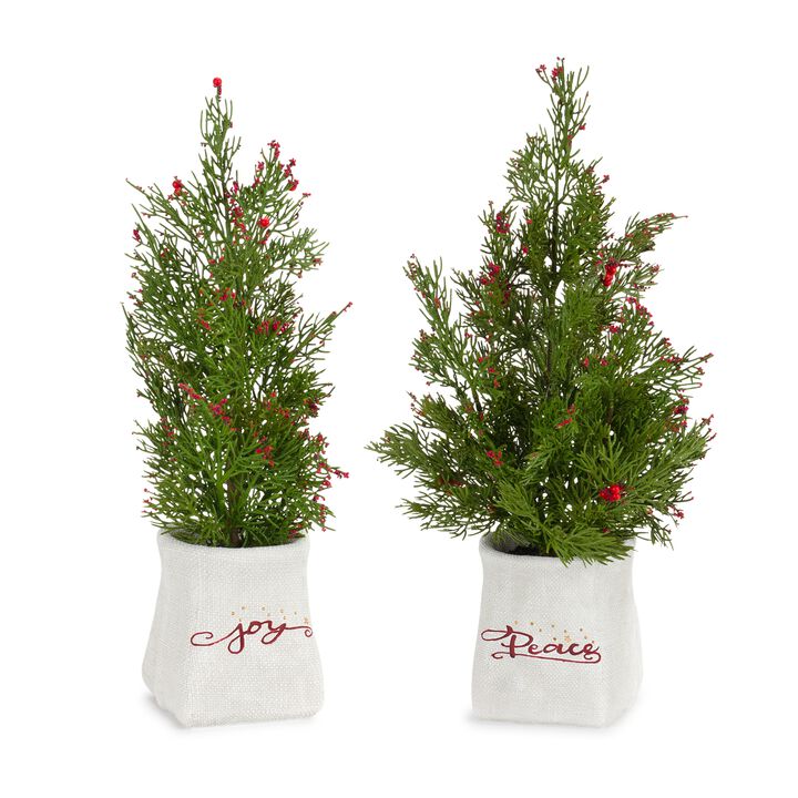 Set of 2 Mini Pine Trees with Berries in Ceramic Pots for Holiday and Seasonal Décor