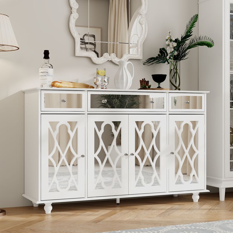 White Paint 4 Doors Mirrored Buffet Cabinet Sideboard With 3 Mirror Drawers and Adjustable Shelves for Kitchen Dining