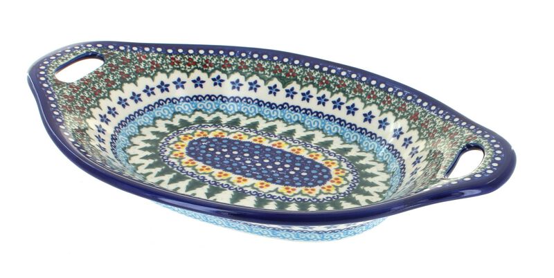 Blue Rose Polish Pottery Daisy Surprise Bread Tray with Handles