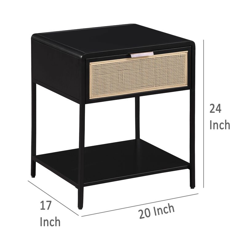 Lanie Bedside Table with Drawer and Open Shelf, PE Cane, Black Metal - Benzara