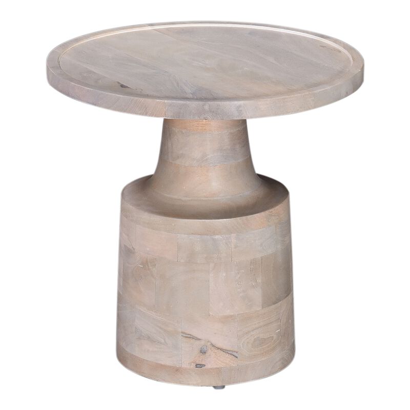 Side End Table, 18 Inch Round Top, Pedestal Base, Oak White Mango Wood - Benzara