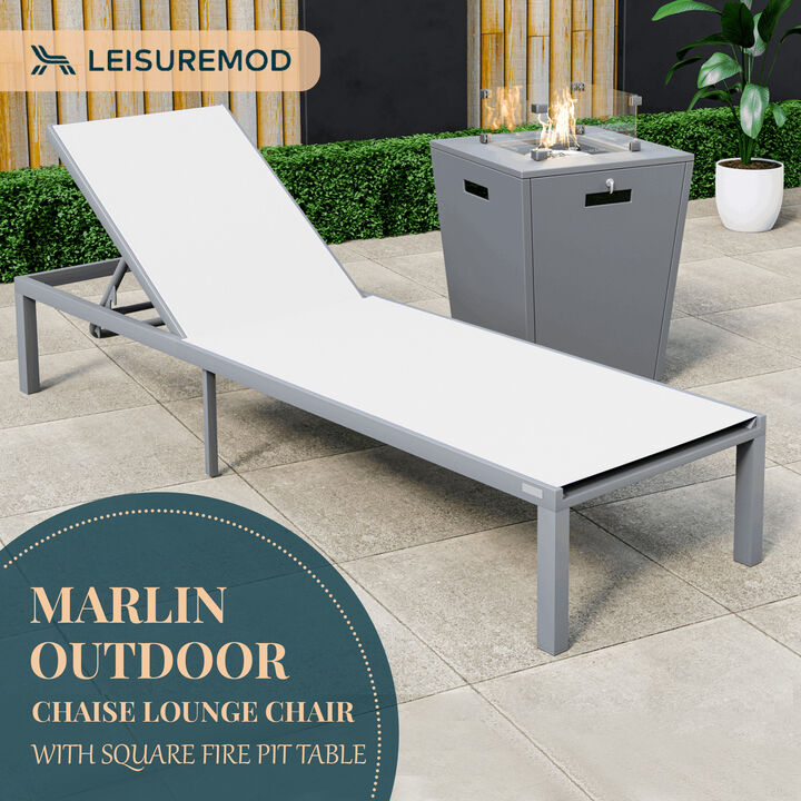 LeisureMod Marlin Modern Black Aluminum Outdoor Patio Chaise Lounge Chair in Grey Frame with Square Fire Pit Side Table