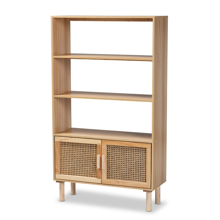 Baxton Studio Faulkner Mid Century Modern Natural Finished Wood and Rattan 2 Door Bookcase