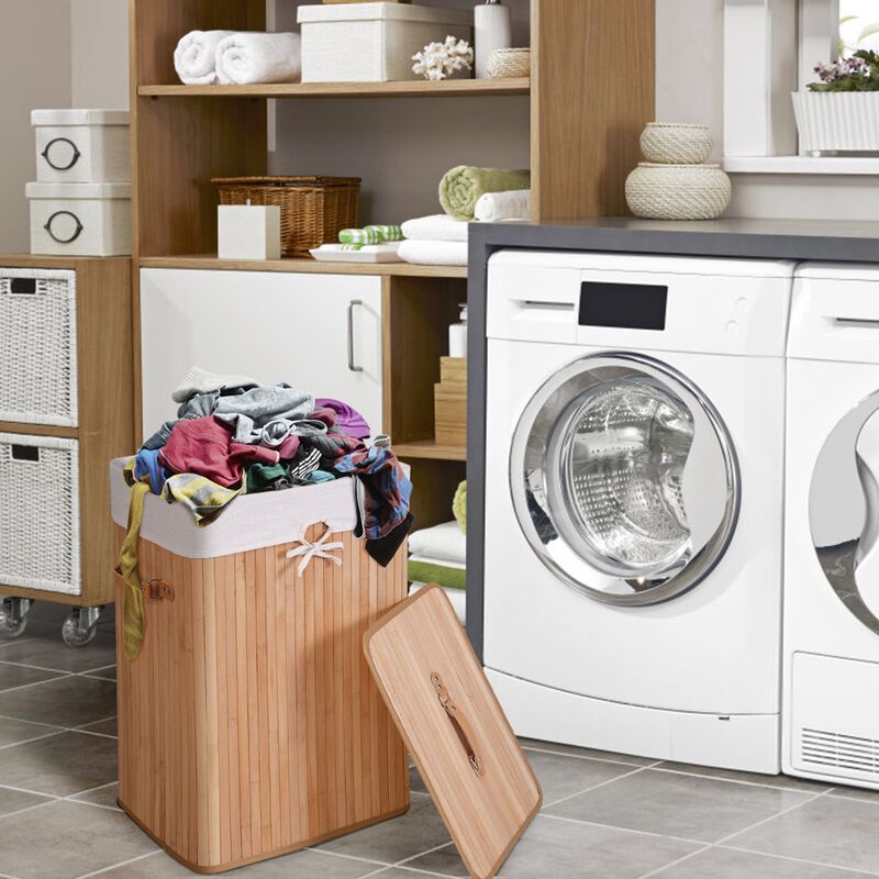 Rectangle Bamboo Hamper Laundry Basket Washing Cloth Bin Storage Bag Lid 3 color