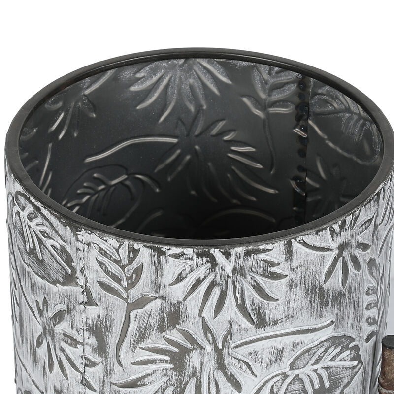 LuxenHome Set of 2 Coastal Distressed White and Gray Metal Cachepot Planters with Metal Stand