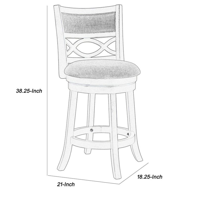 Curved Lattice Back Swivel Counter Stool with Fabric Seat, Antique Gray-Benzara