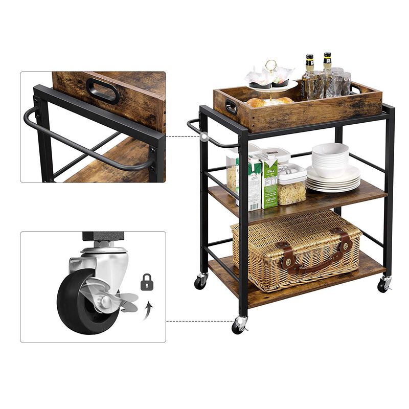3-Tier Bar Cart with Wheels - Kitchen Serving Cart with Universal Casters, Brakes, and Leveling Feet