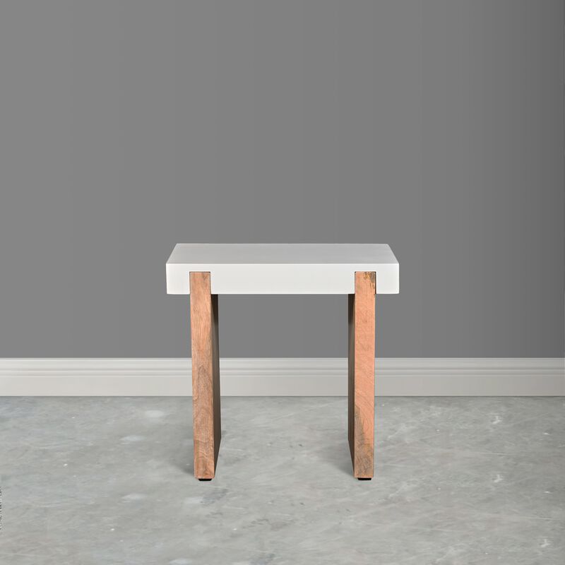 Kerry 20 Inch Rectangular End Side Table, Mango Wood, Sled Base, Glossy White, Natural Brown-Benzara