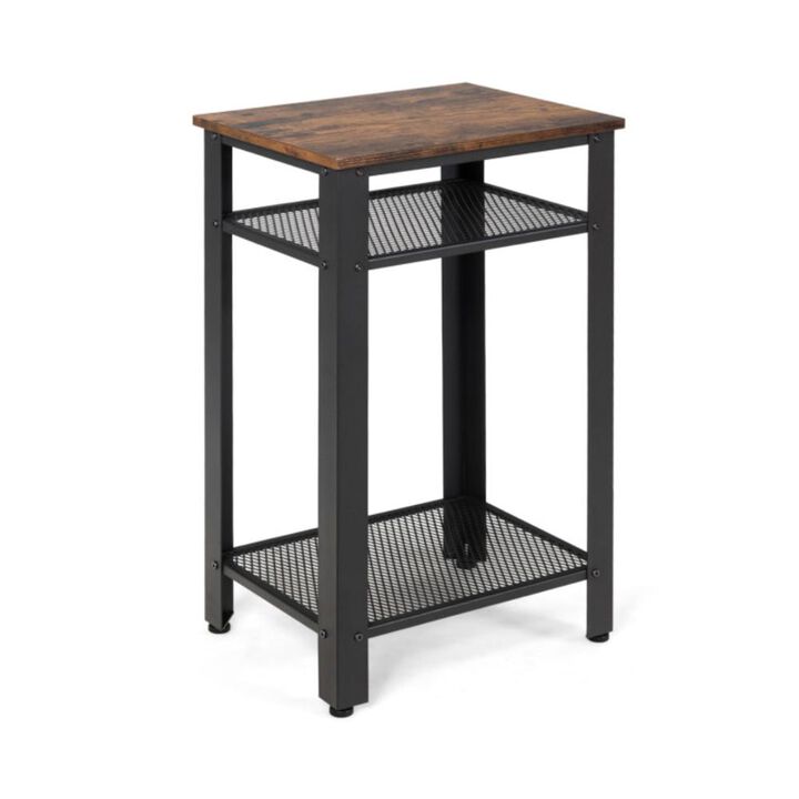 Hivvago 3-Tier Industrial End Table with Metal Mesh Storage Shelves