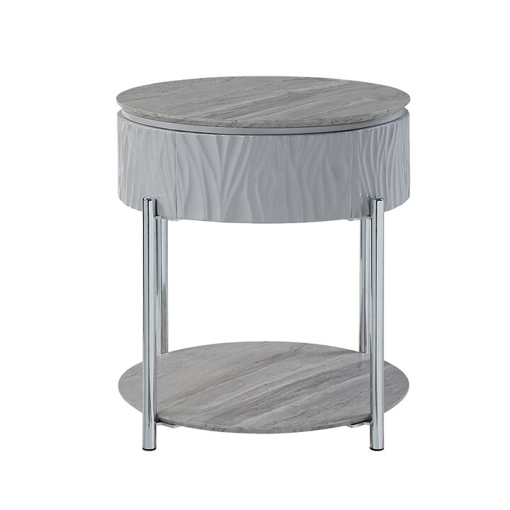 Doug Side End Table, 22 Inch Gray High Gloss Wood, Chrome Metal Finish - Benzara