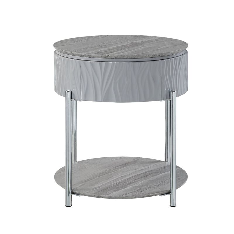 Doug Side End Table, 22 Inch Gray High Gloss Wood, Chrome Metal Finish - Benzara