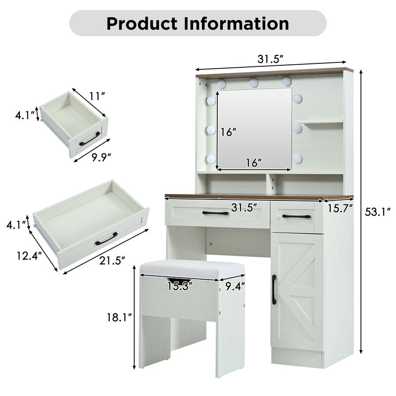 Merax Farmhouse Makeup Vanity Set with Mirror and Lights