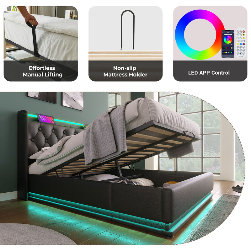 Merax PU Upholstered Bed with Storage and LED