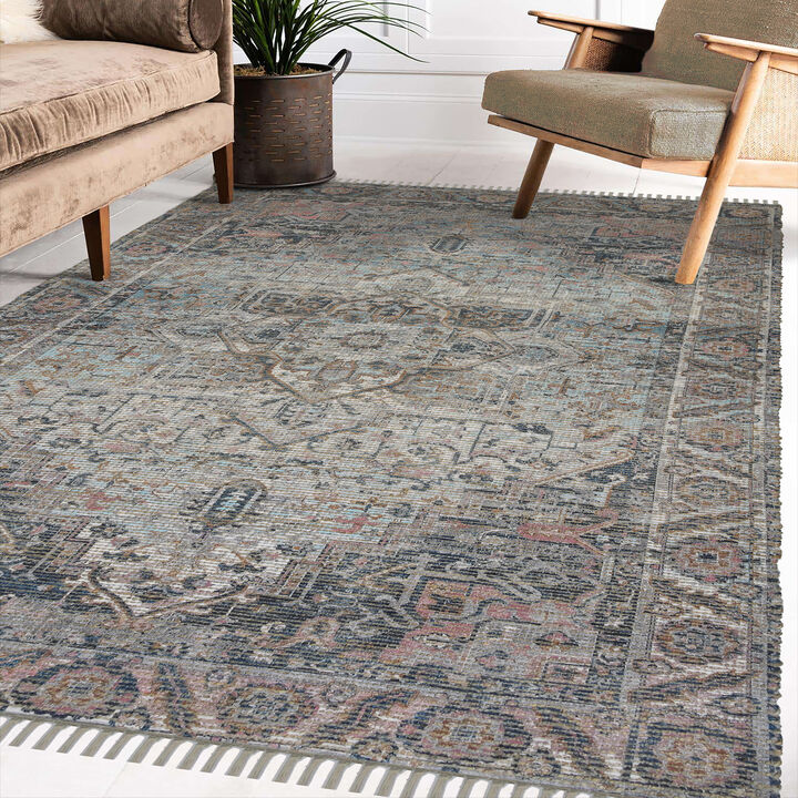 Prairie Farmhouse Oriental Hand-Woven Light Blue/Pink Area Rug, 5' X 7'6"