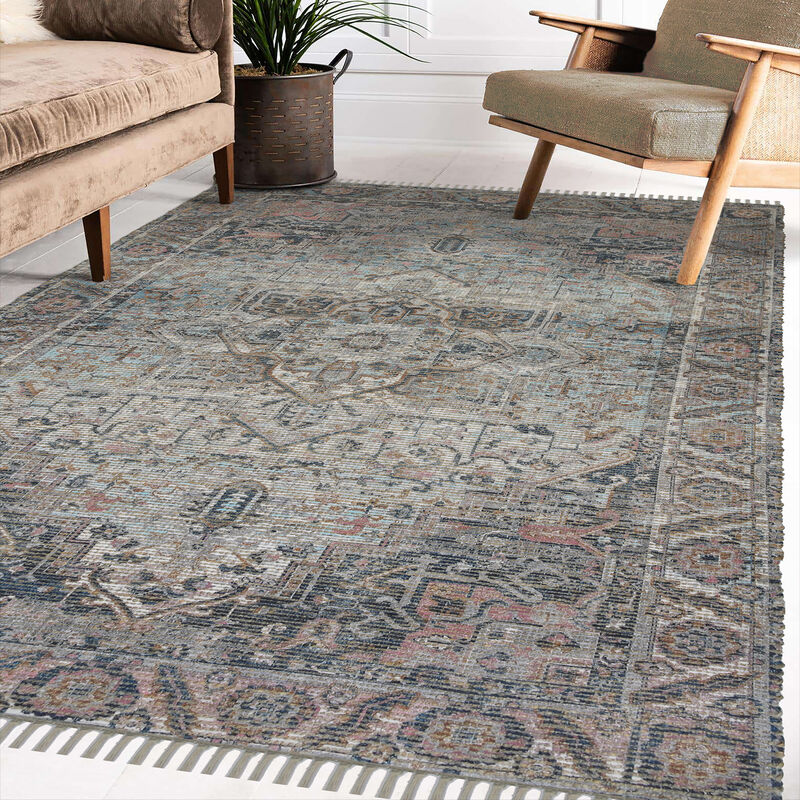 Prairie Farmhouse Oriental Hand-Woven Light Blue/Pink Area Rug, 5' X 7'6"
