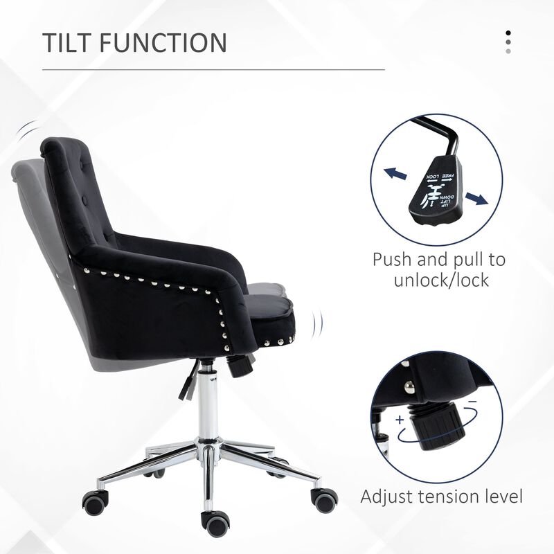 Black Tufted Task Chair: Mid-Back Office Chair with Nailhead Trim