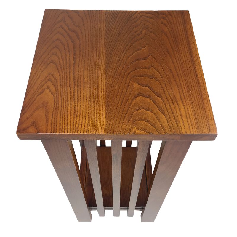 25 Inch Wooden Flower Stand with Slatted Sides and Bottom Shelf, Brown-Benzara